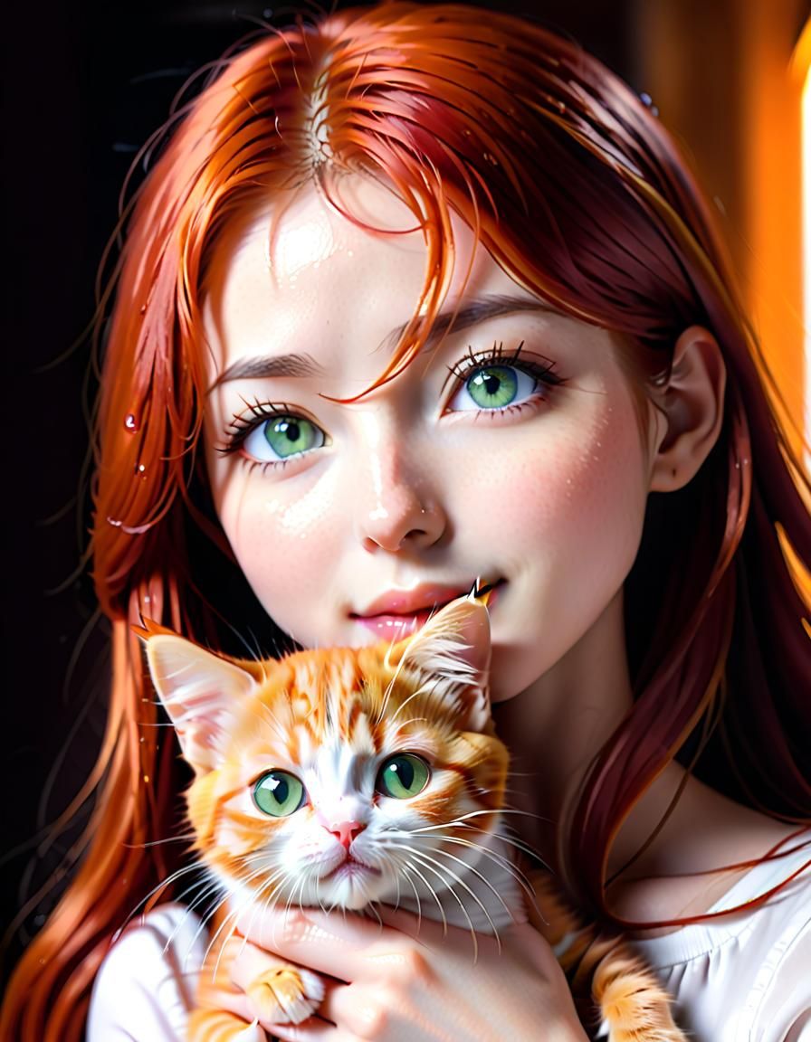 Japanese Woman Comforts Wet Kitten Portrait