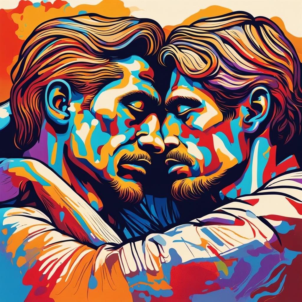 Gay Couple Embrace: Abstract Art in Bed