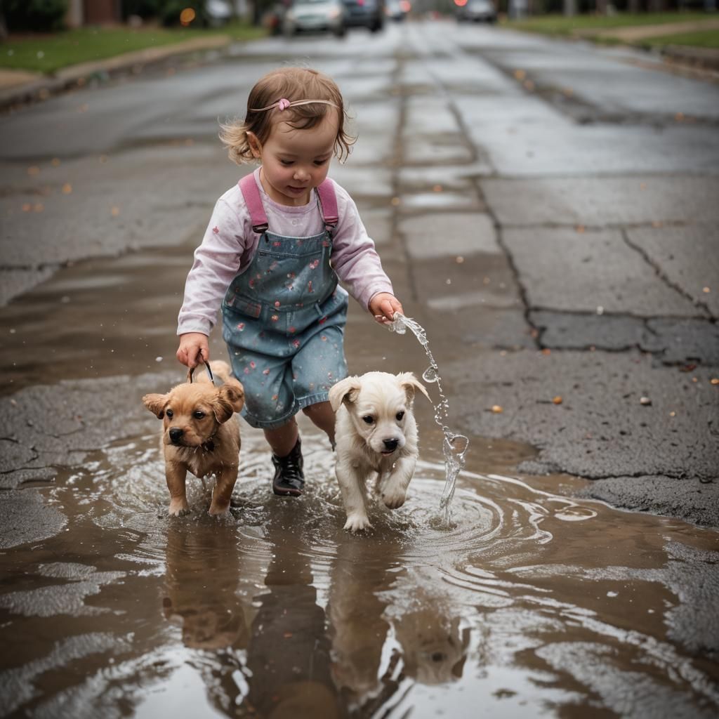 A sweet rendering of a baby girl playing in puddles of water with a puppy.