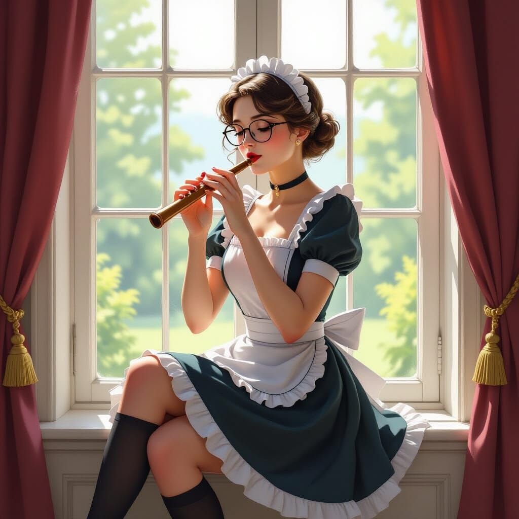 Maid Playing Ocarina in Art Nouveau Style