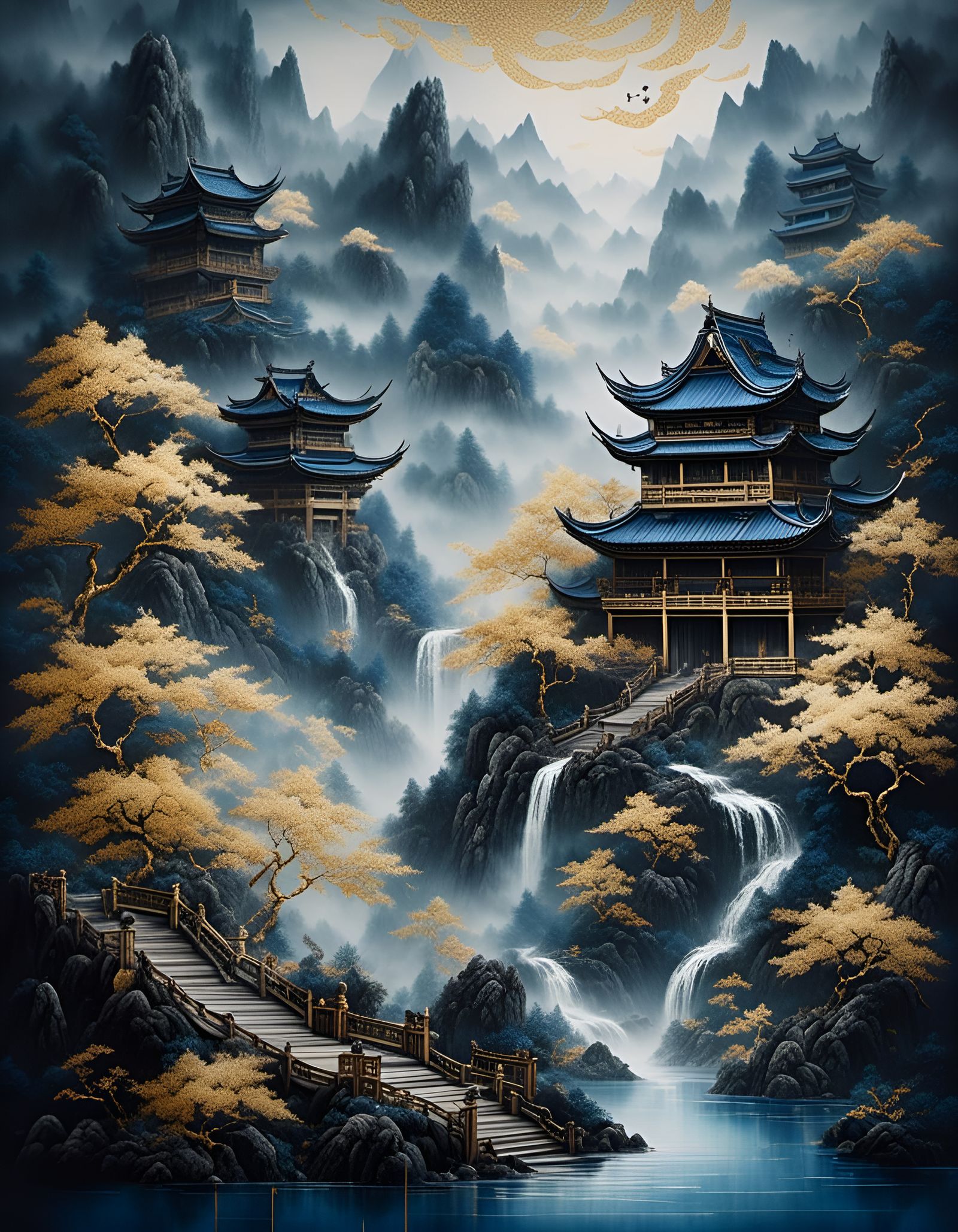 Misty Mountains Waterfall in Chinese Embroidery Style