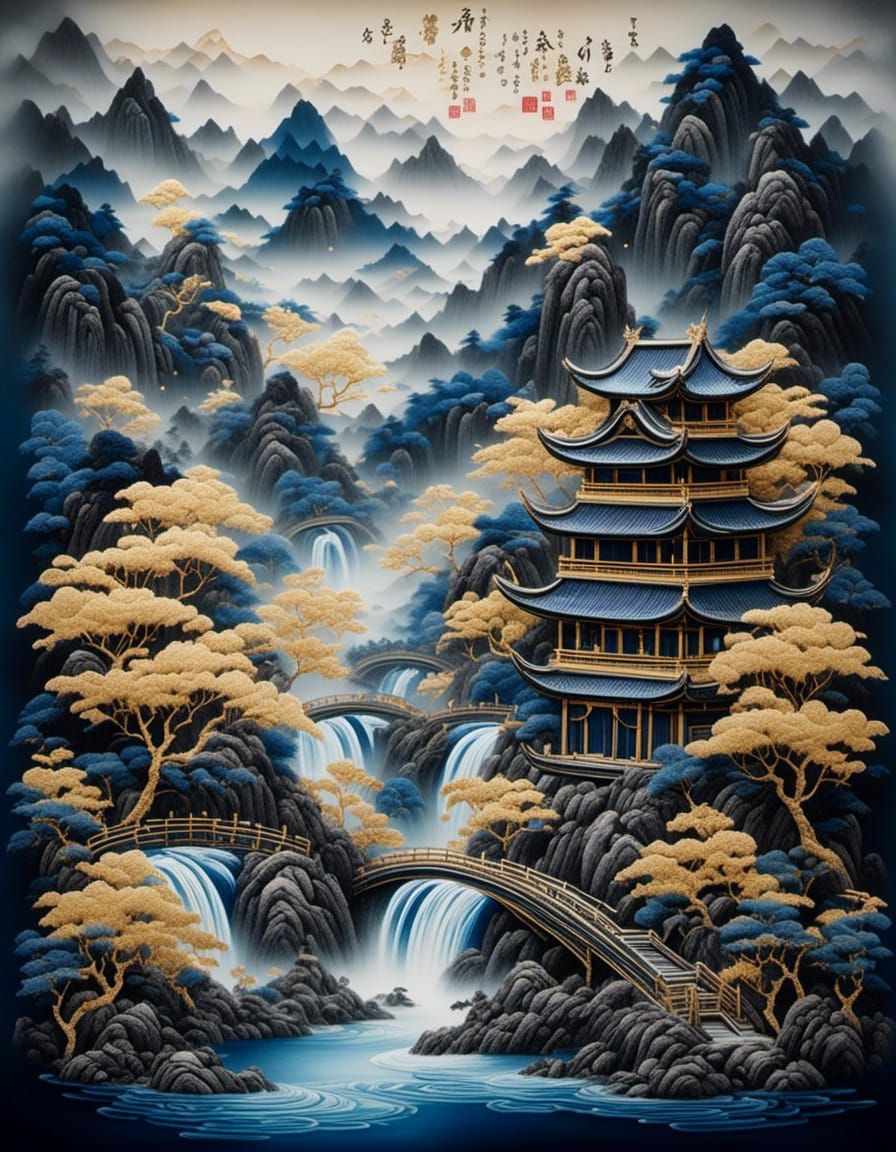 Misty Mountain Waterfall in Chinese Embroidery Style