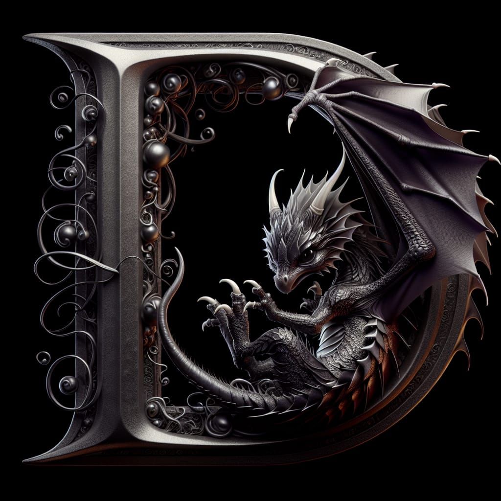 Dark Gothic Baby Dragon Letter D in Mysterious Calligraphy