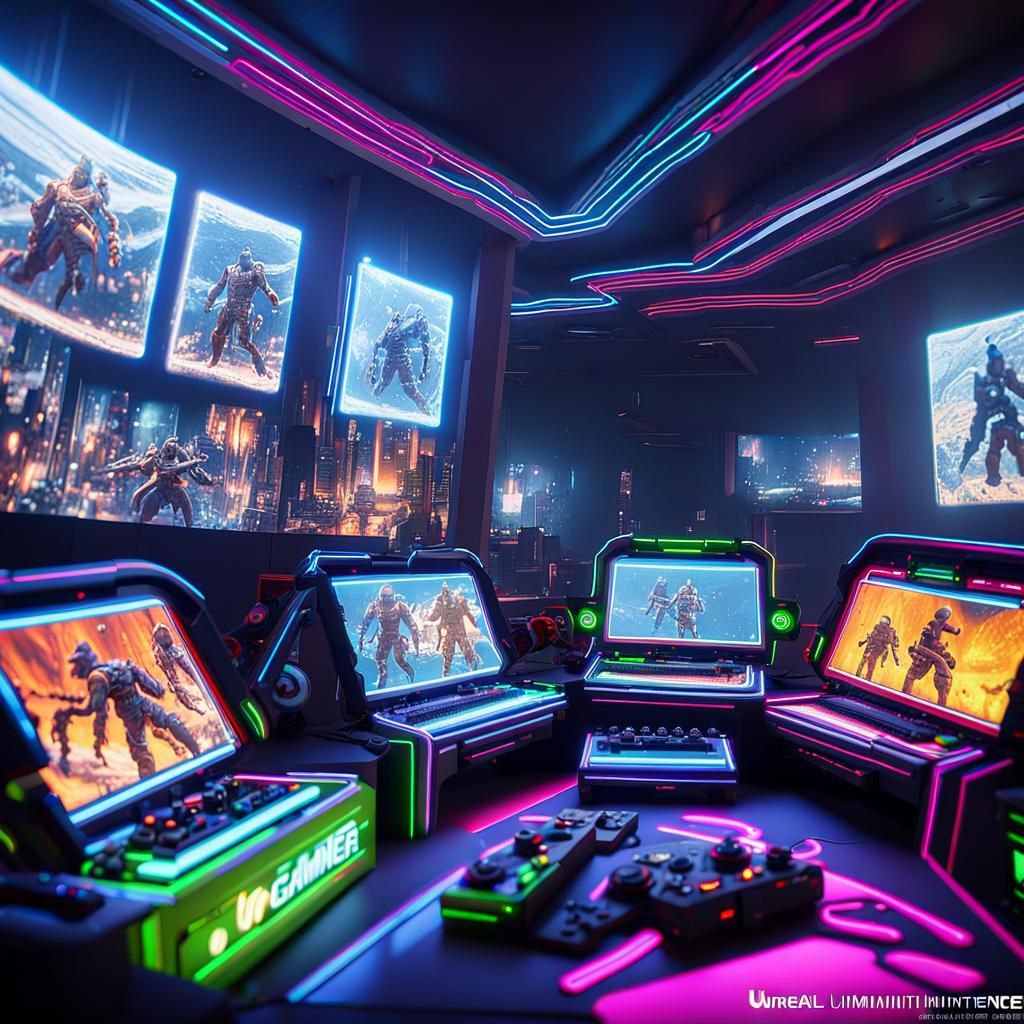 Vibrant 3D Render of Gamers at a Neon Lounge