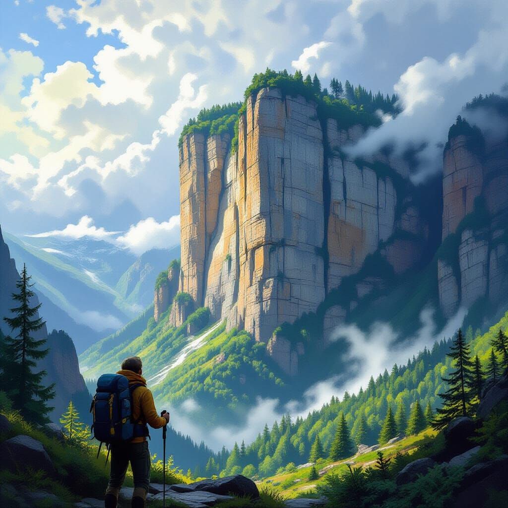 Hiker Gazing at a Cliff in the Style of Hudson River