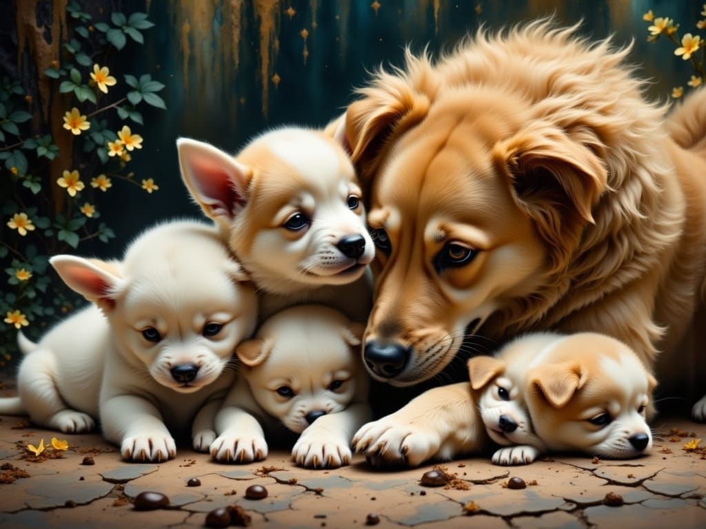 Heartwarming Dog Family Scene with Playful Puppies