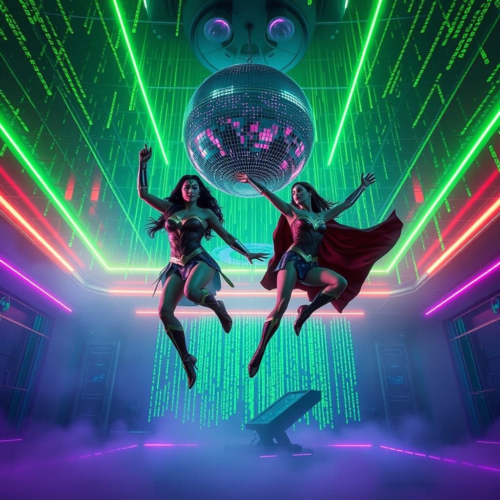 Wonder Woman and Supergirl in Matrix Style with Disco Ball