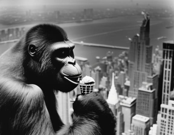 King Kong Eats Ice Cream: 1930s Cinematic Photo