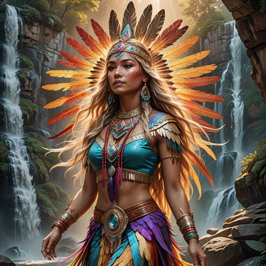 Native American Princess Dancing in Vibrant Rainbow Light