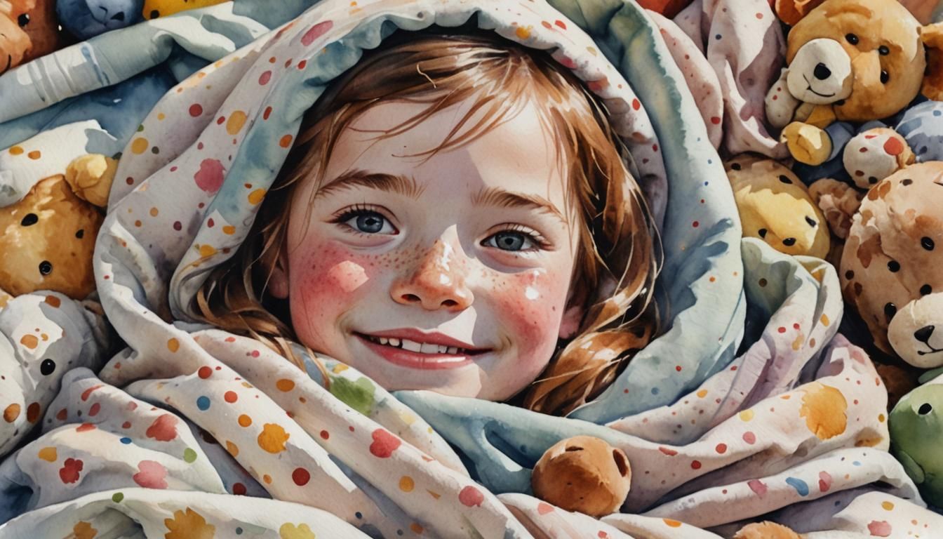 Watercolor Portrait of Girl with Freckles in Impressionist S...