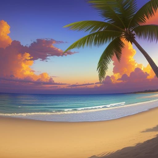 Tropical Beach Sunset Landscape in Hudson River School Style