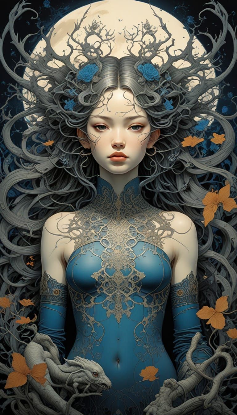 Giant Machine of Human Faces Entwined in Flickering Threads