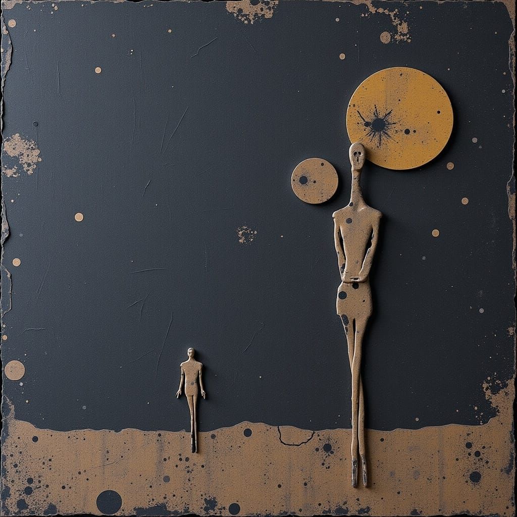 Alien Family Stares into the Cosmos in Oil Painted Clay Reli...