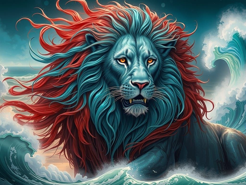 Lion in a Vibrant Turquoise Ocean Scene