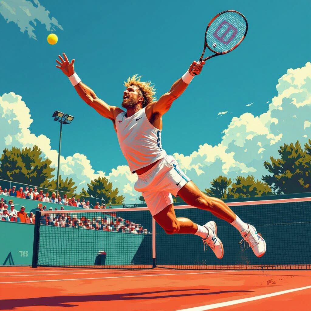 Tennis Star's Mid-Air Dive: Digital Art Illustration