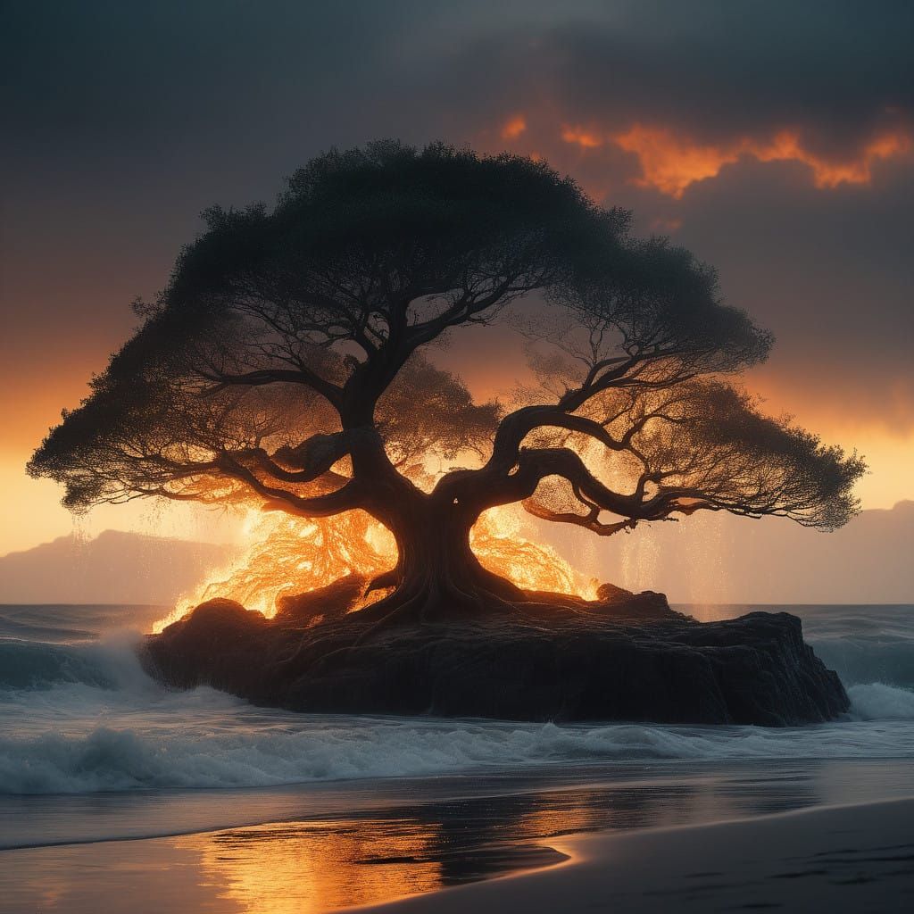 Surreal Tree of Life in Fiery Flames and Gentle Water