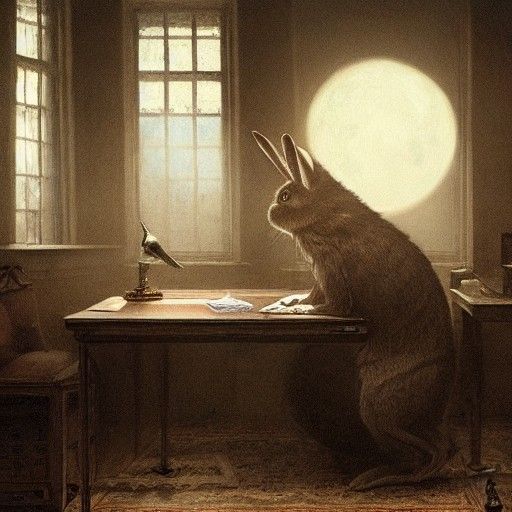 Rabbit Detective in Moonlit Office, Horror Illustration