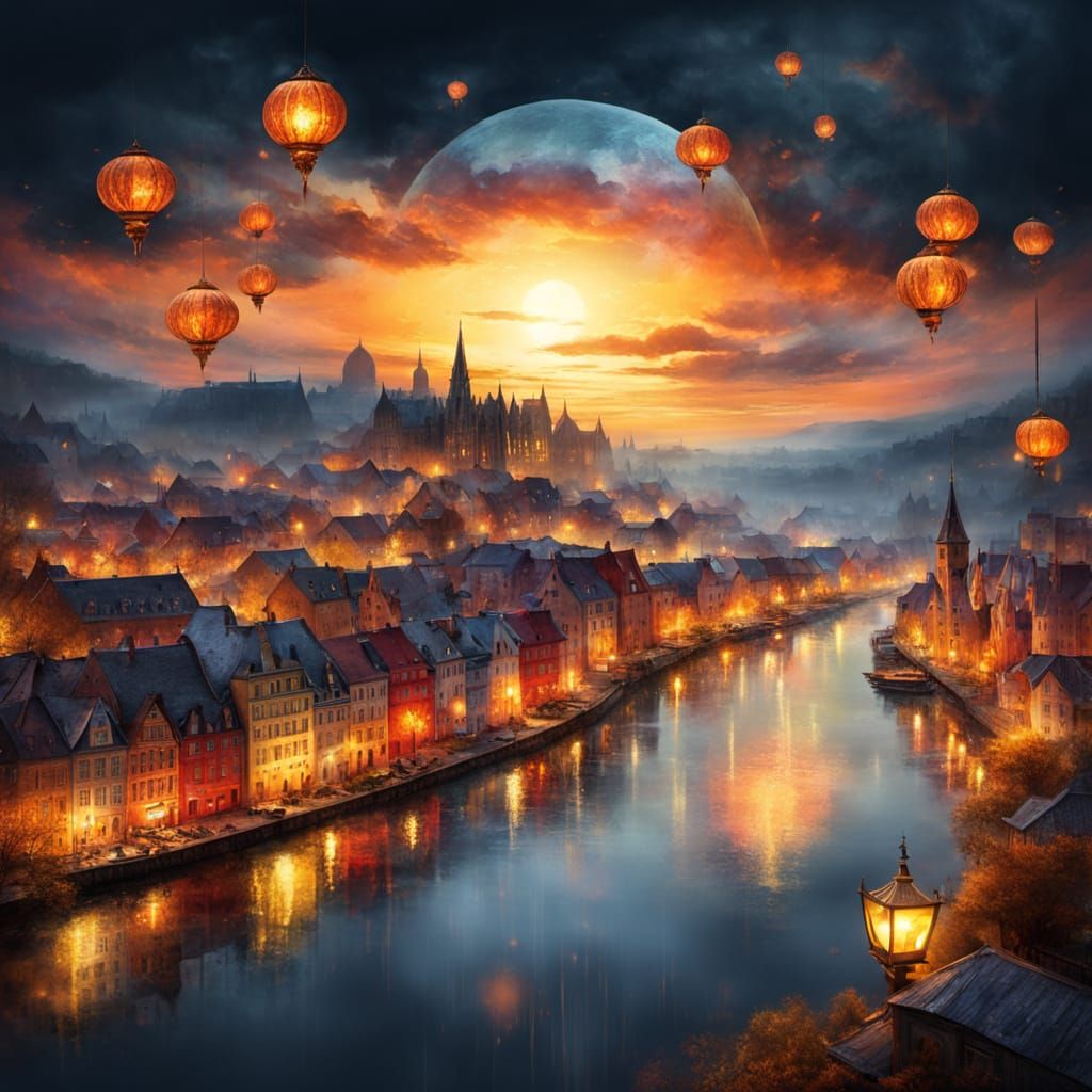 Dreamlike Cityscape at Night with Floating Lanterns