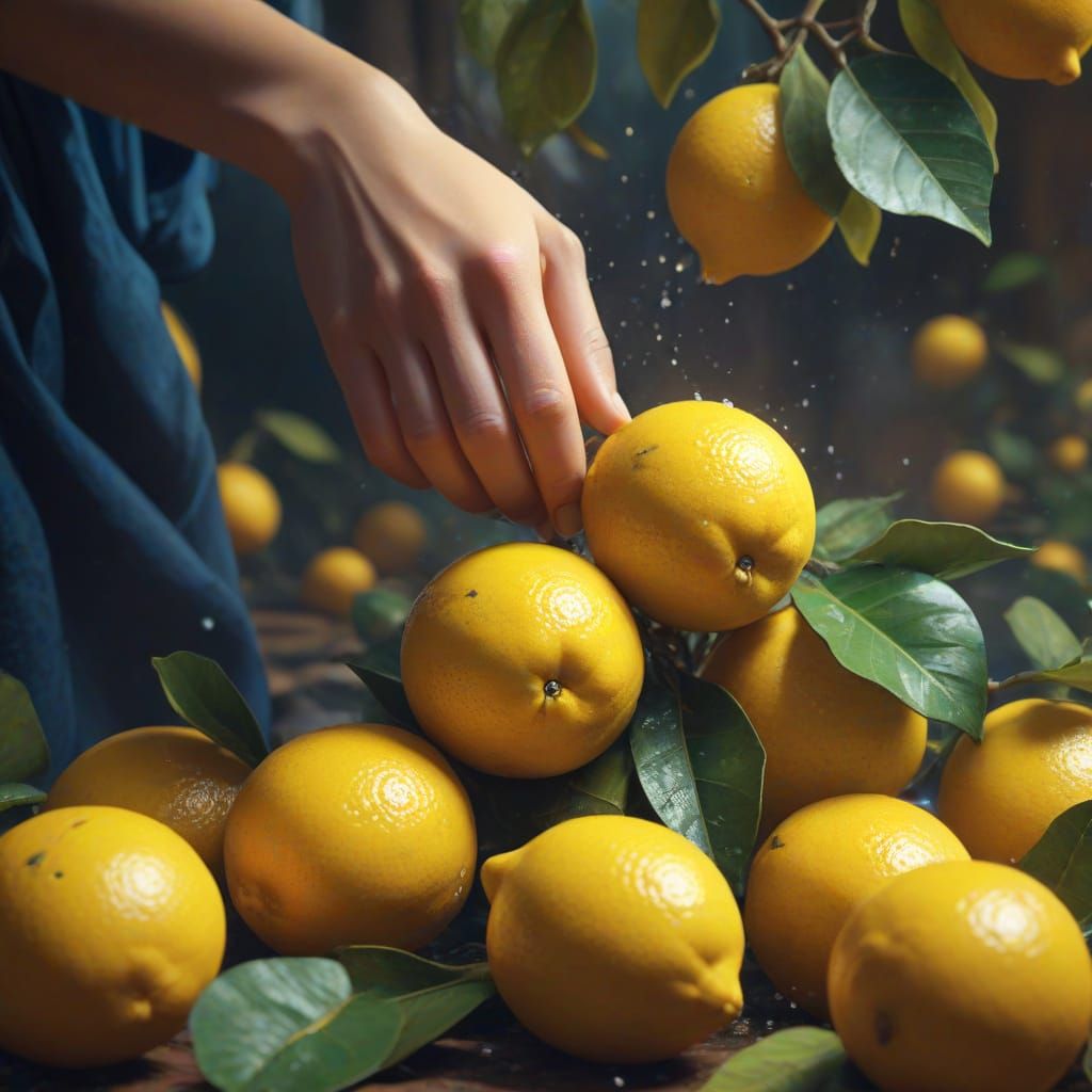 Person Squeezing Lemons in Vibrant Oil Painting