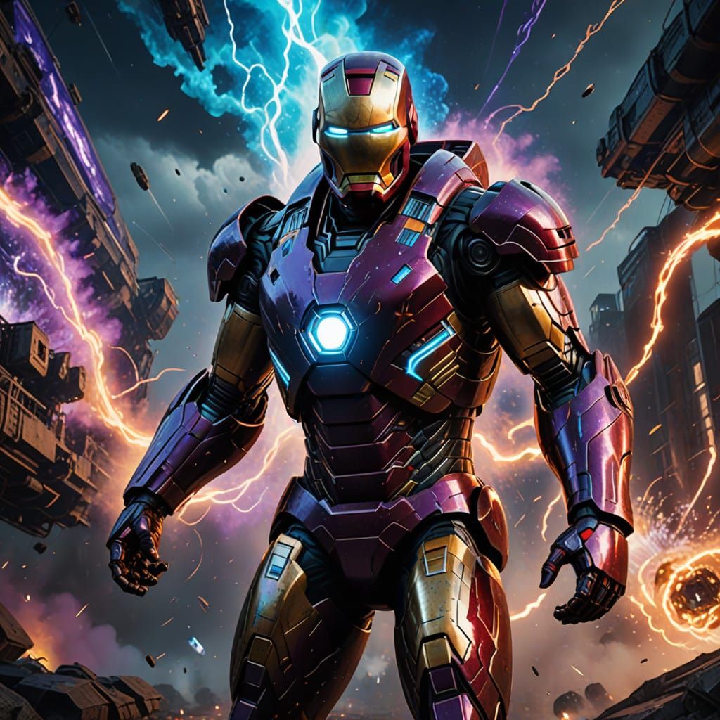 Iron Man Soars Through Cosmic Vortex in Neon Glory