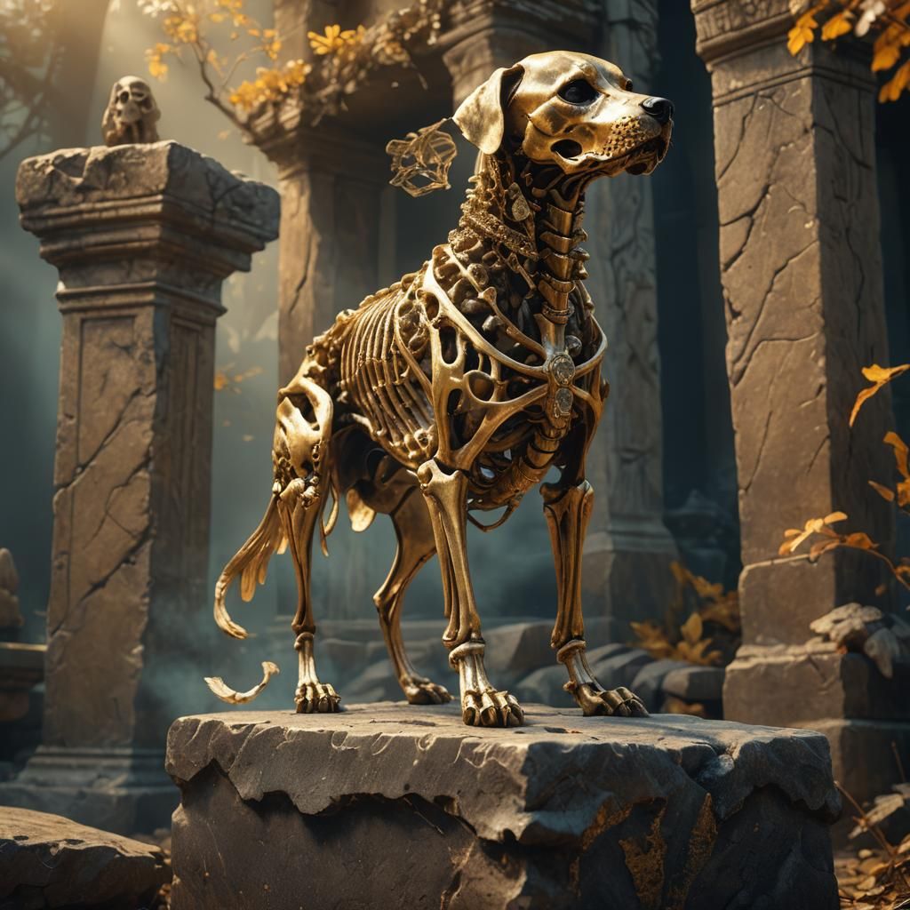 Golden Dog Skeleton on Ancient Pedestal