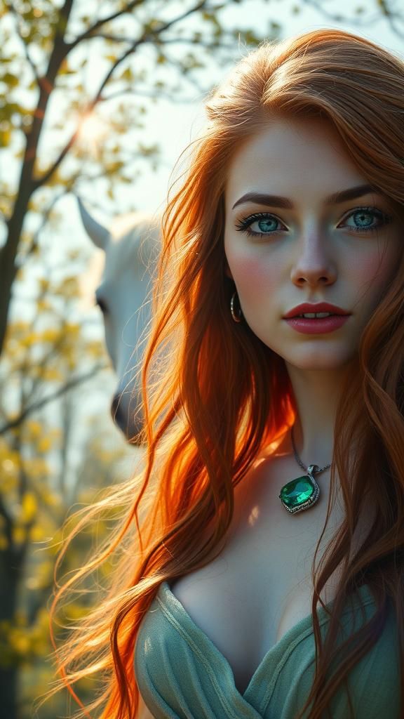 Auburn Haired Woman Riding Stallion as Stained Glass Art