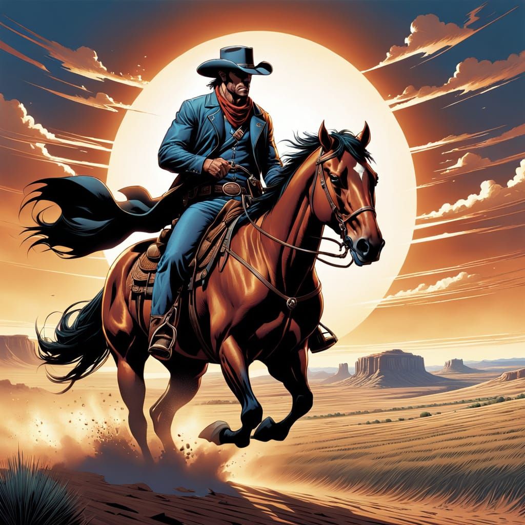 Cowboy Rides Across Plains in Comic Book Style
