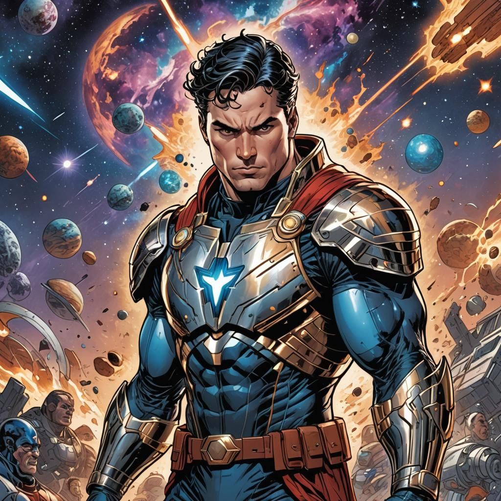 Cosmic Superhero with Unique Pauldron in Comic Book Art