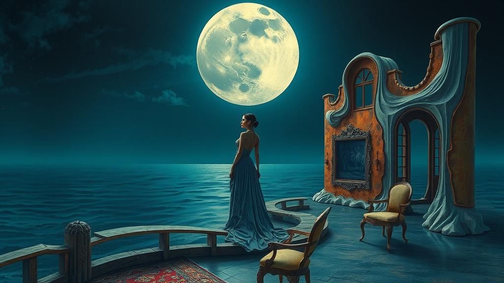 Melancholic Figure in Surreal Moonlit Seascape