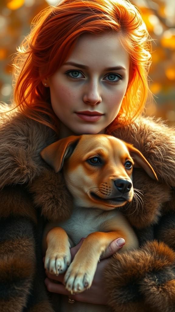 Woman with Dog in Autumnal Sunlight, Impressionistic Style