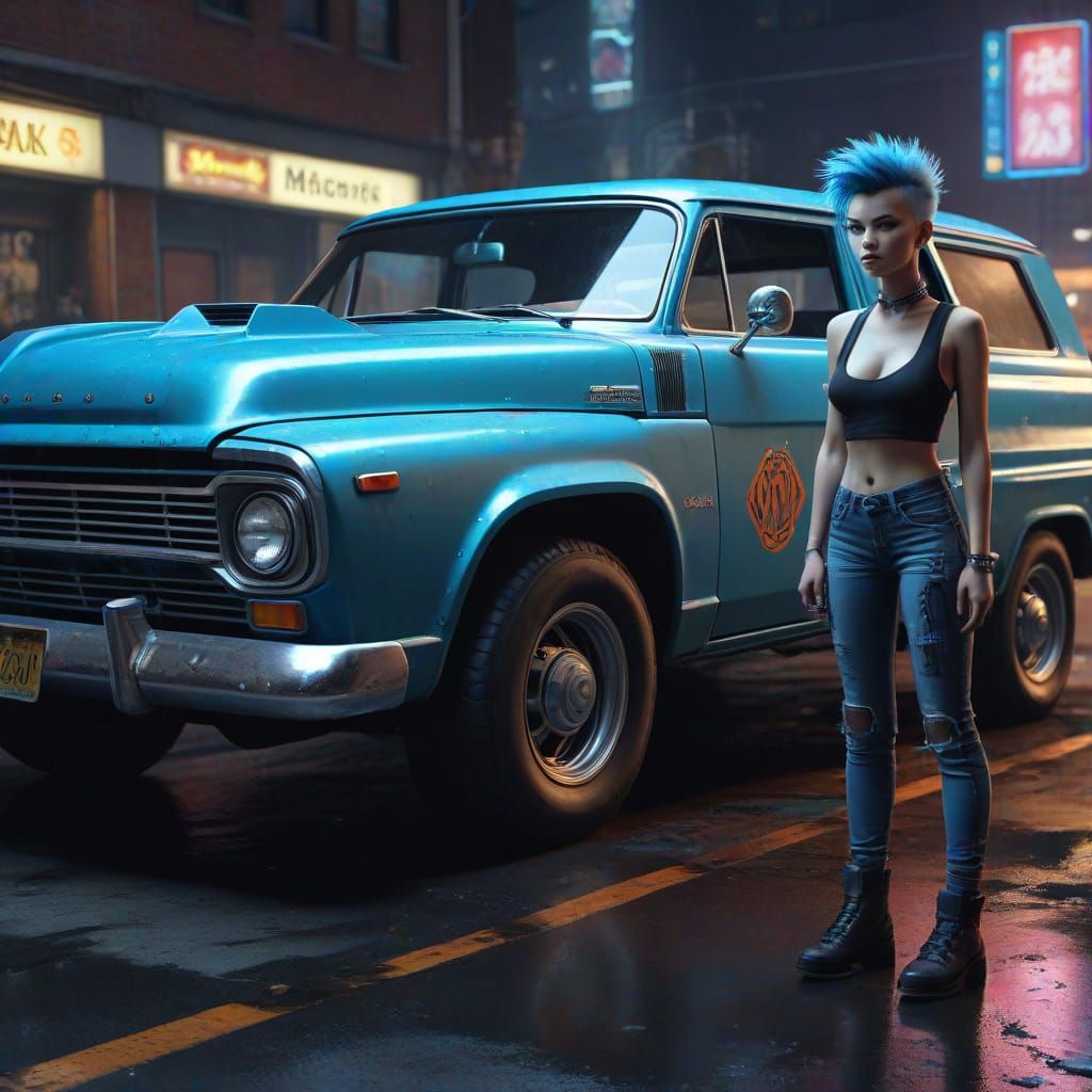 Atomic Punk Woman and Vehicle in Hyperrealism