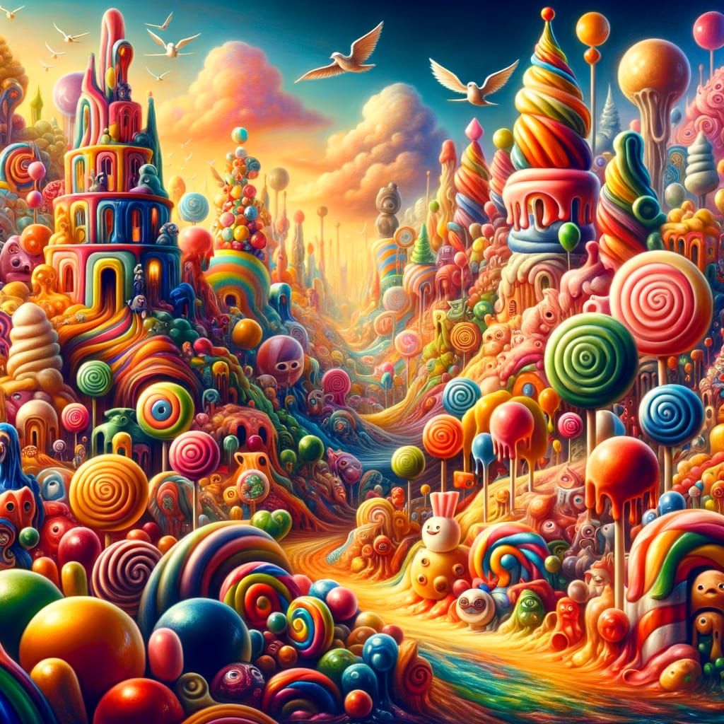 Whimsical Candy Land with Surrealist Characters