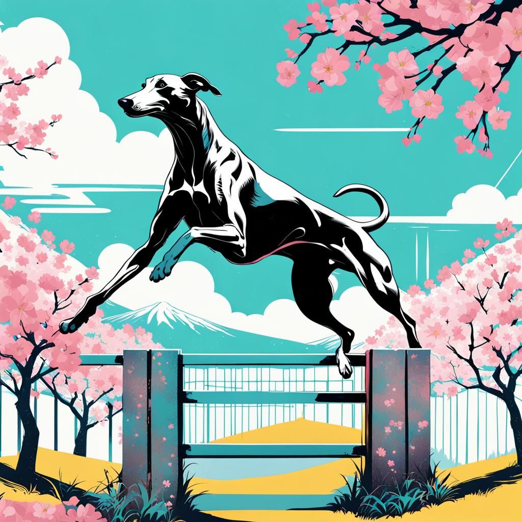 Greyhound Jumps in Cherry Orchard, Pop Art Style