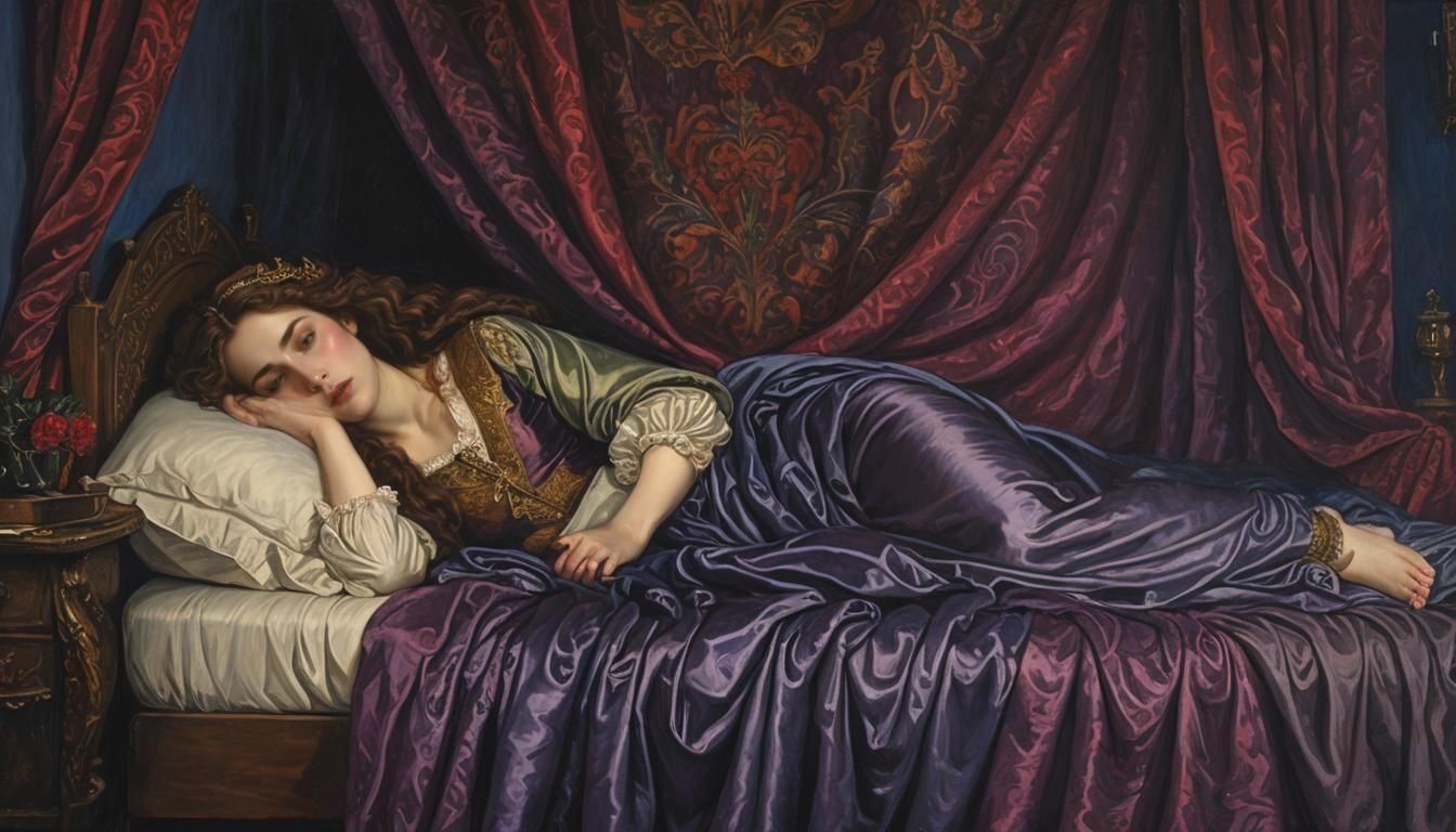 Sleeping Beauty in Dark Art Nouveau Bedroom