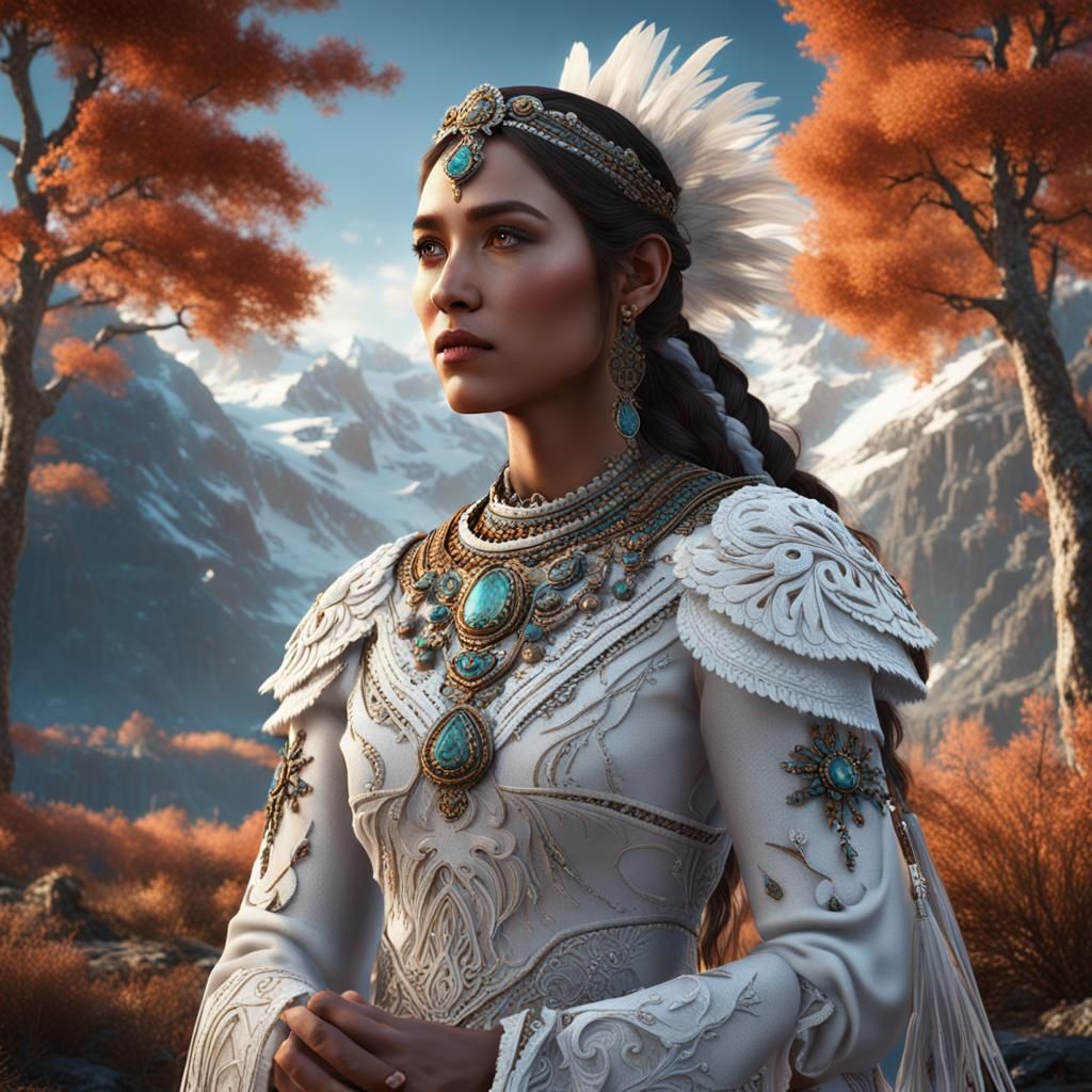 Alaska Native Woman in Intricate White Dress