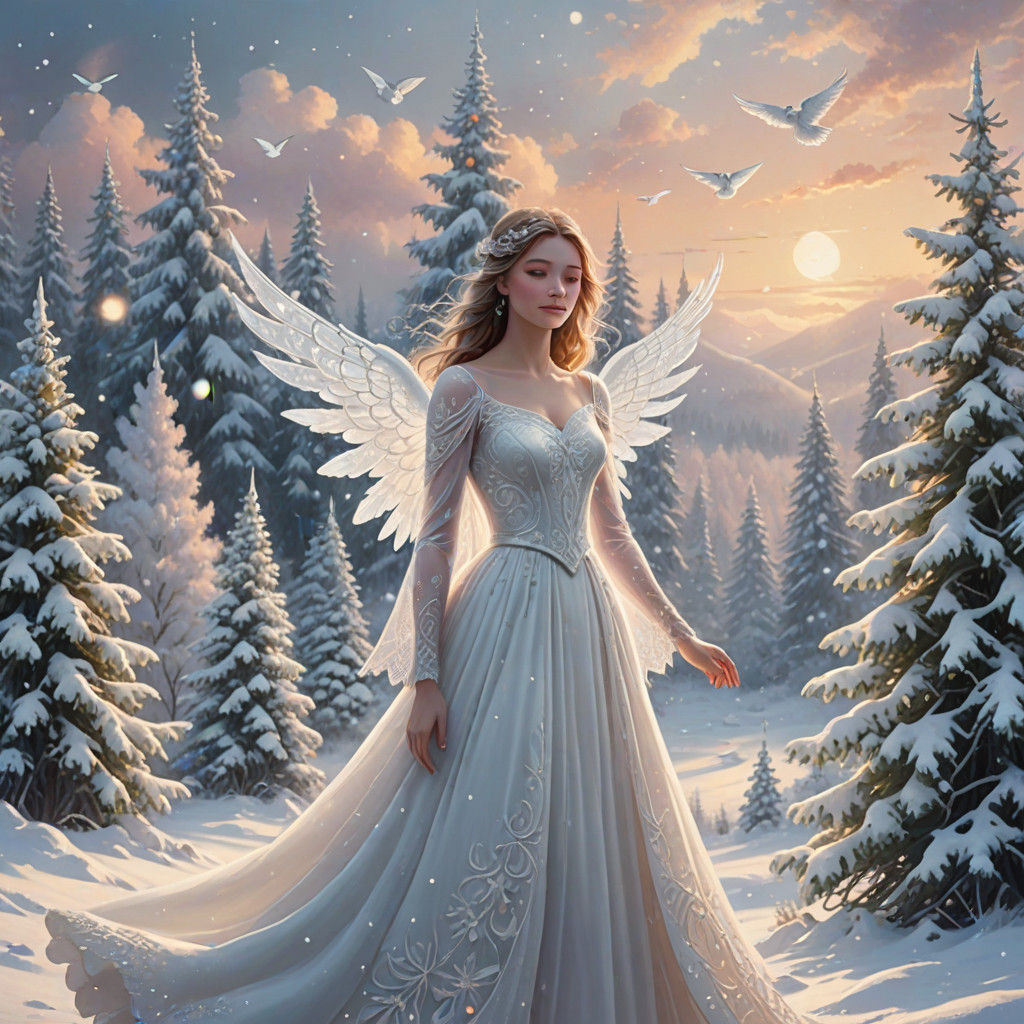 Angel in Winter Wonderland with Gentle Snowman and Frosty Tr...