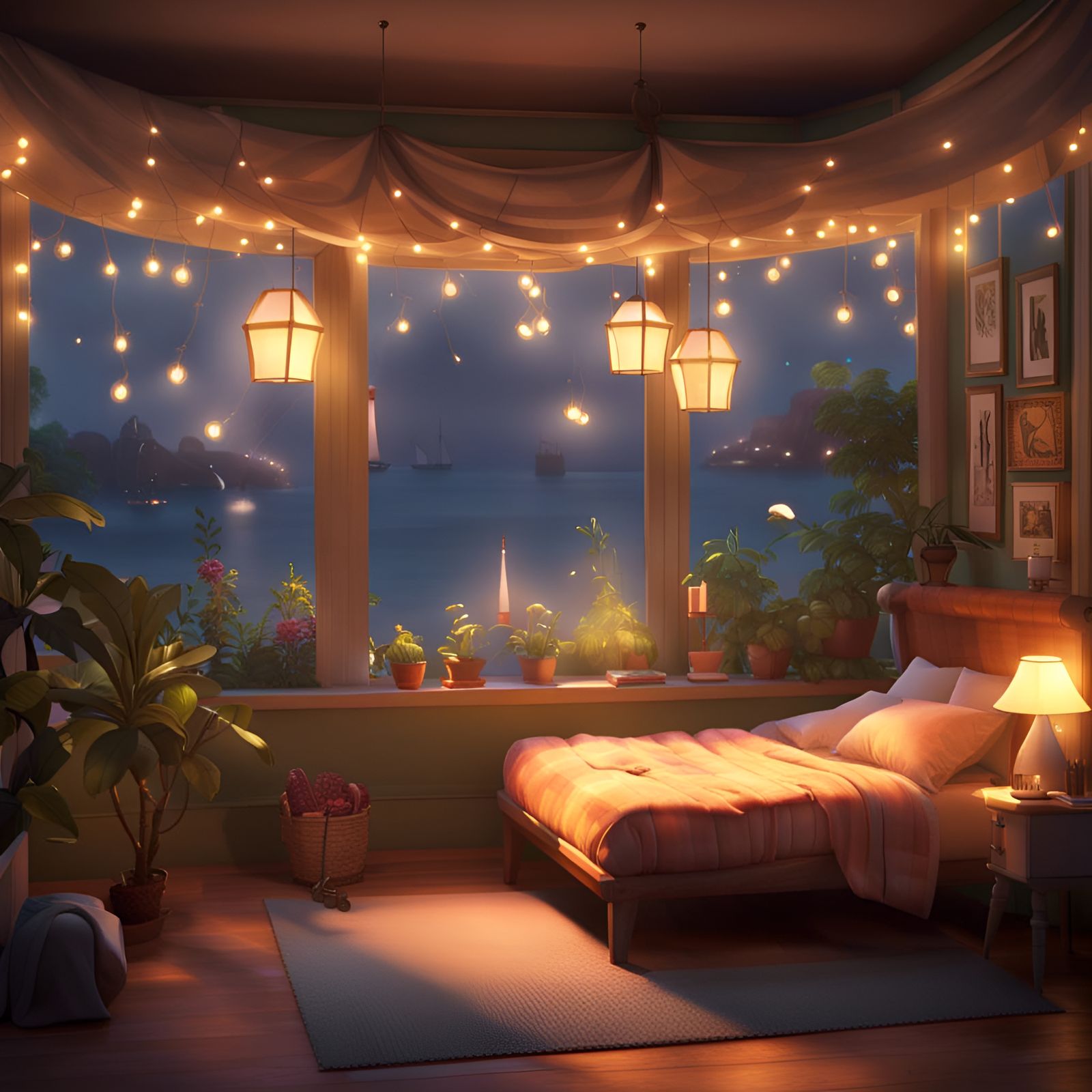 Dreamy Whimsical Bedroom with Sea View, Ghibli-Inspired