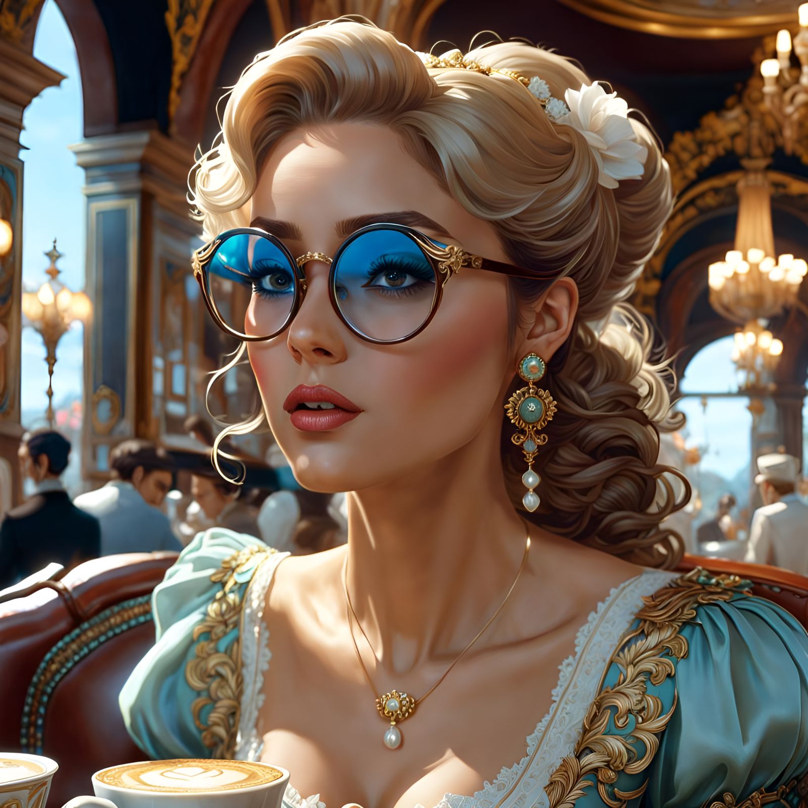 Gorgeous Woman in Café: Rococo Hyperdetailed Art