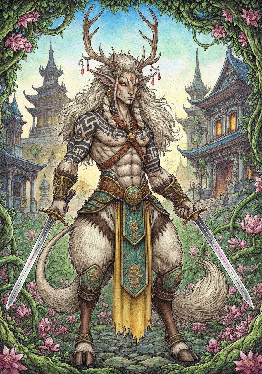 Golden Pointillism Creature in Mystical Temple