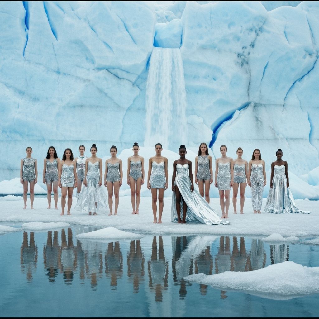 Women in Reflective Shards Before Melting Greenland Glacier