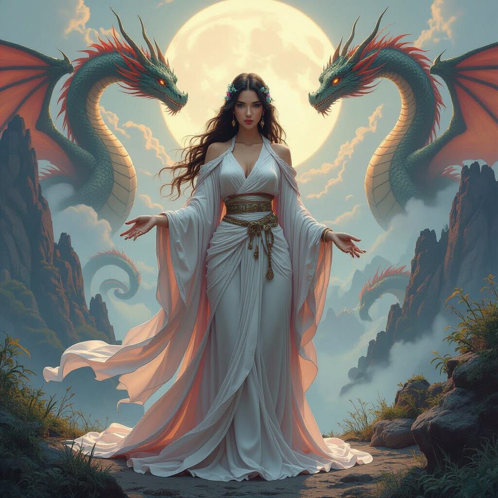 Mythic Goddess with Dragons in Ethereal Landscape