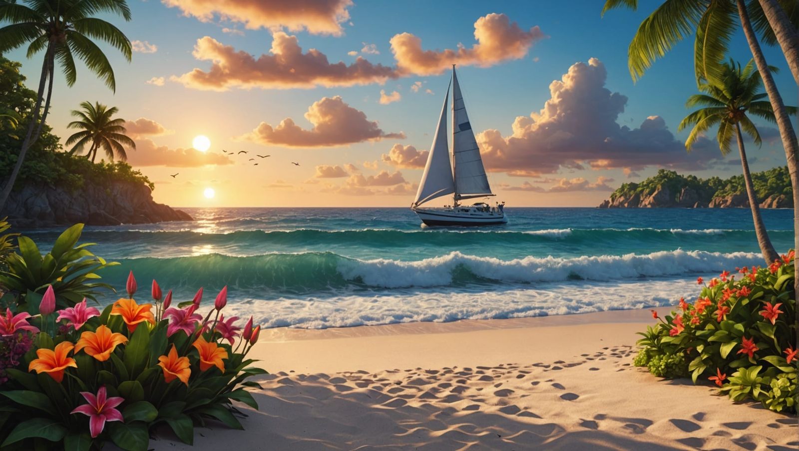 Lush Tropical Beach at Sunset in Photorealistic Style