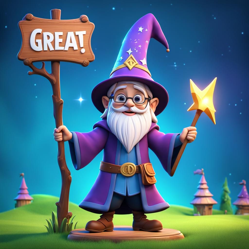 Cute Wizard Holding Sign, 3D Digital Art