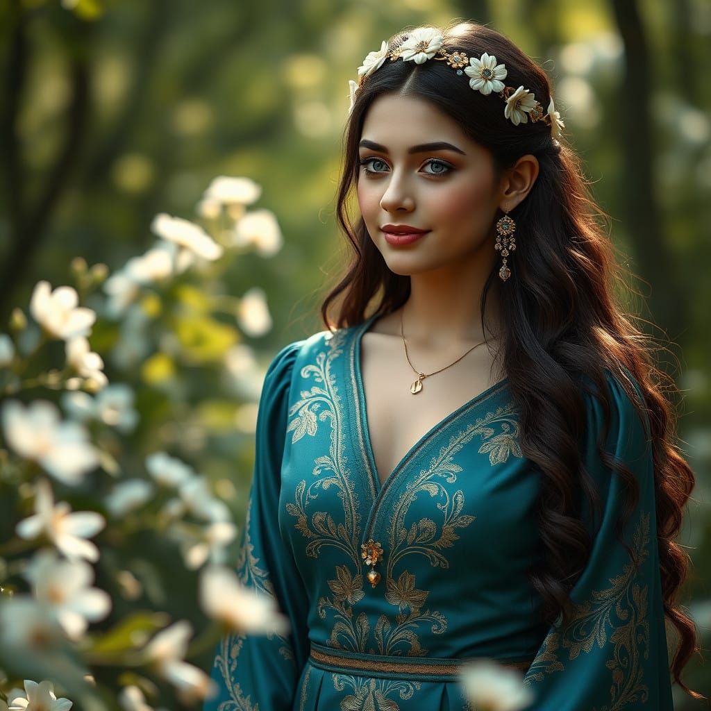 Ethereal Woodland Goddess in Teal Embroidered Gown