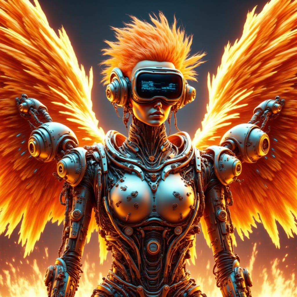 Cyberpunk Angel in Flames with Computer Armor