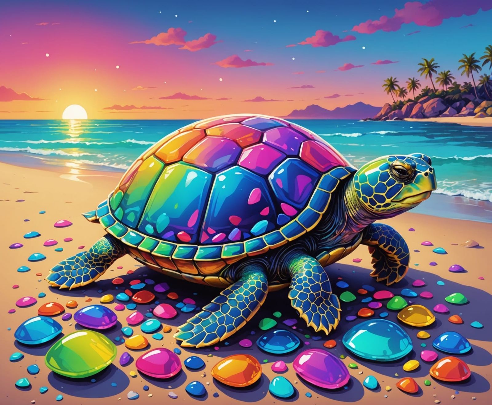 Neon Rainbow Hearts in Turtle Container on Beach