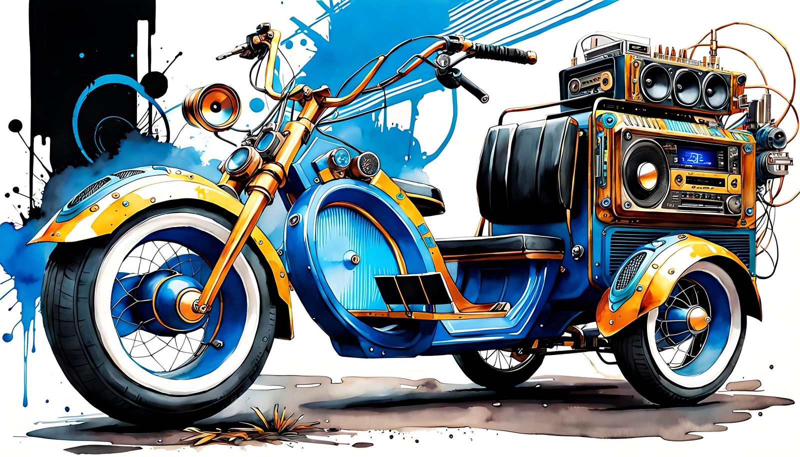 Nanopunk Boombox Tricycle in Watercolor Style