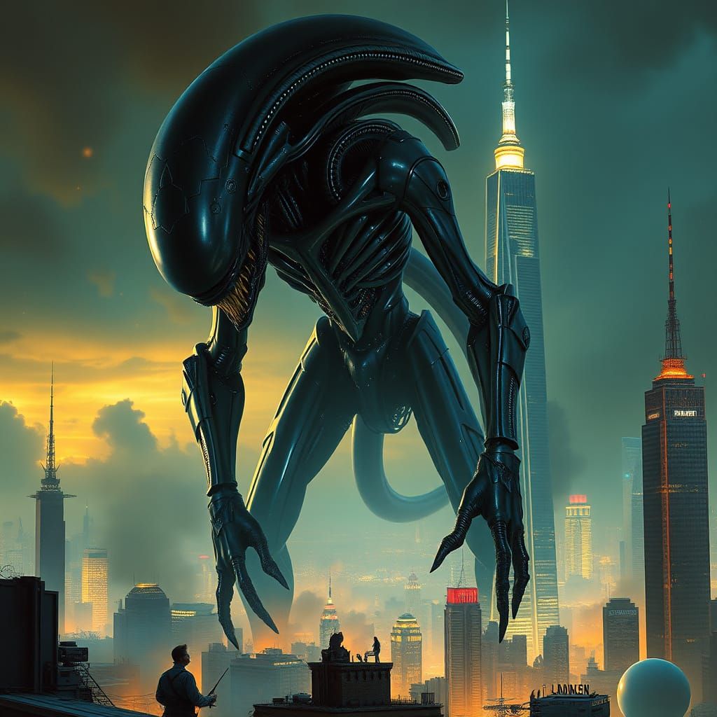 Colossal Armored Alien Wreaks Havoc on Futuristic City