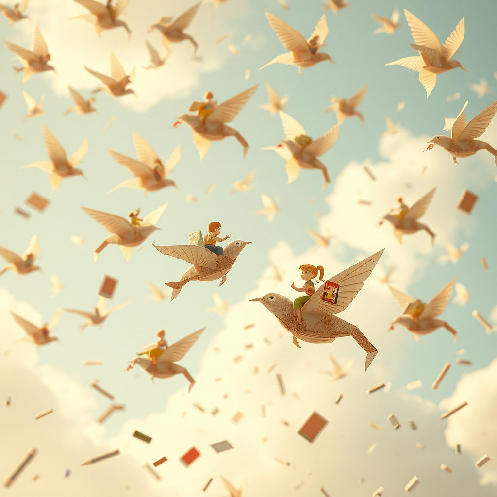 Whimsical Skyward Scene with Flying Creatures