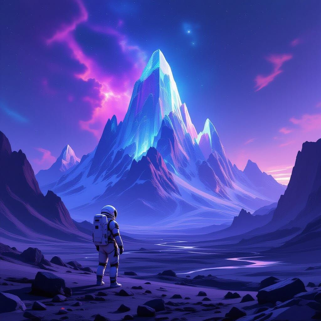 Astronaut Gazes at Bioluminescent Crystal Mountains on Alien...